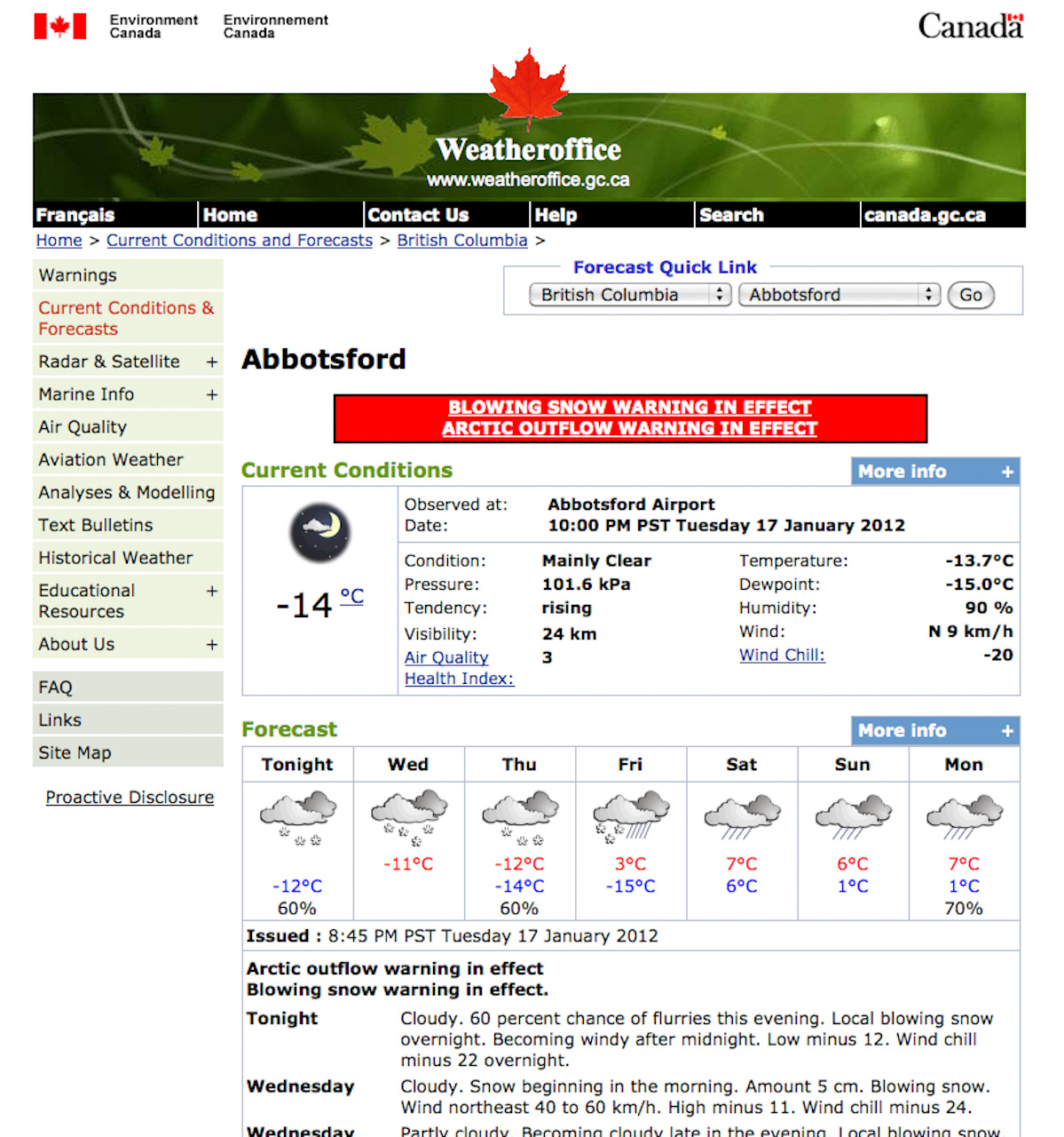 Internetseite der staatlichen kanadischen Wettervorhersage